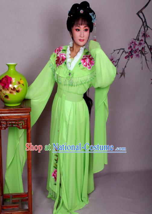 Top Grade Professional Beijing Opera Hua Tan Costume Palace Lady Green Embroidered Peony Dress, Traditional Ancient Chinese Peking Opera Diva Princess Embroidery Clothing