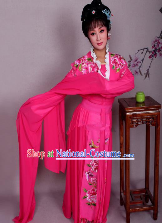 Top Grade Professional Beijing Opera Hua Tan Costume Palace Lady Rosy Embroidered Peony Dress, Traditional Ancient Chinese Peking Opera Diva Princess Embroidery Clothing