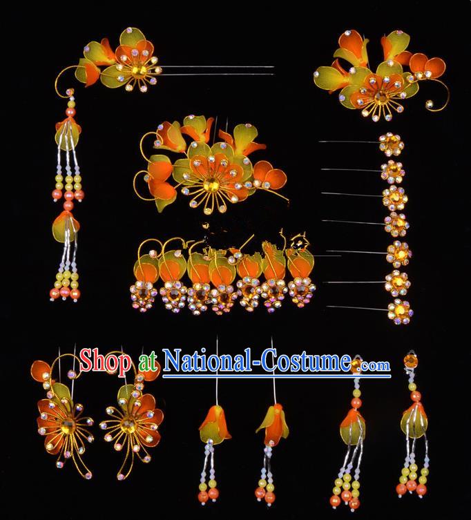 Top Grade Professional Beijing Opera Diva Orange Hair Accessories Complete Set, Traditional Ancient Chinese Peking Opera Tassel Step Shake Hua Tan Hairpins Headwear