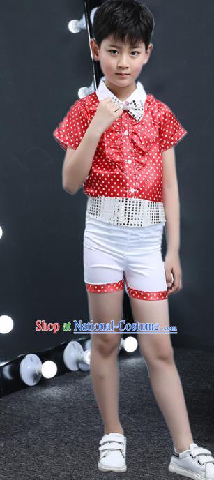 Top Grade Chinese Professional Performance Catwalks Costume, Children Chorus Red Uniform Modern Dance Clothing for Boys Kids