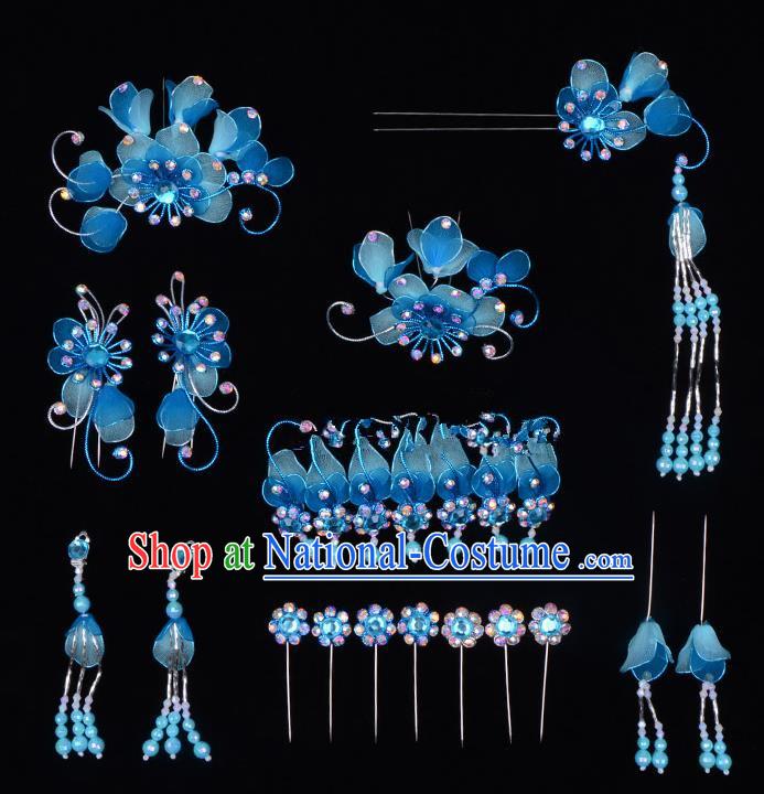 Top Grade Professional Beijing Opera Diva Blue Hair Accessories Complete Set, Traditional Ancient Chinese Peking Opera Tassel Step Shake Hua Tan Hairpins Headwear