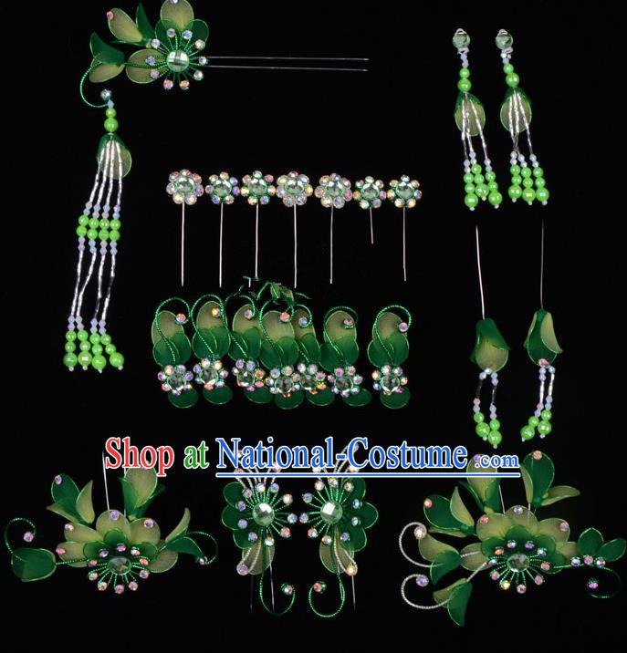 Top Grade Professional Beijing Opera Diva Green Hair Accessories Complete Set, Traditional Ancient Chinese Peking Opera Tassel Step Shake Hua Tan Hairpins Headwear