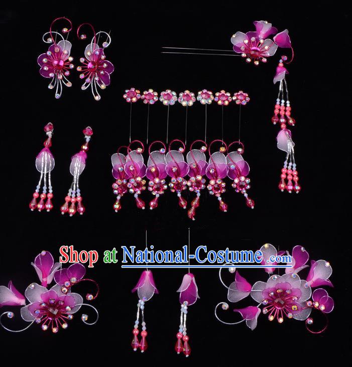 Top Grade Professional Beijing Opera Diva Purple Hair Accessories Complete Set, Traditional Ancient Chinese Peking Opera Tassel Step Shake Hua Tan Hairpins Headwear