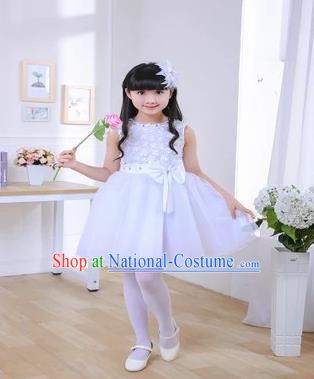 Top Grade Chinese Professional Performance Chorus Catwalks Costume, Children White Veil Bubble Full Dress Modern Dance Dress for Girls Kids