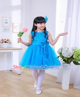 Top Grade Chinese Professional Performance Chorus Catwalks Costume, Children Blue Veil Bubble Full Dress Modern Dance Dress for Girls Kids