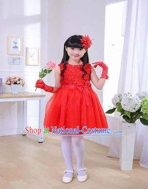 Top Grade Chinese Professional Performance Chorus Catwalks Costume, Children Red Veil Bubble Full Dress Modern Dance Dress for Girls Kids