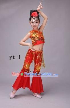 Traditional Chinese Dai Nationality Peacock Dance Costume, Children Folk Dance Ethnic Costume, Chinese Minority Nationality Dance Red Dress for Kids