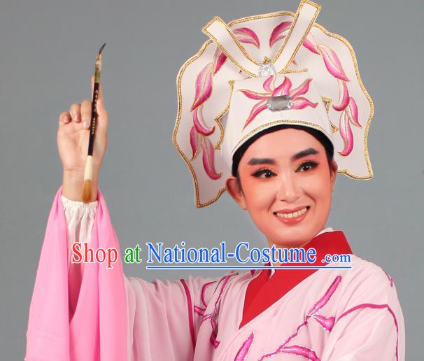 Top Grade Beijing Opera Niche Gifted Scholar Embroidered Pink Hat, Traditional Ancient Chinese Peking Opera Young Men Headwear