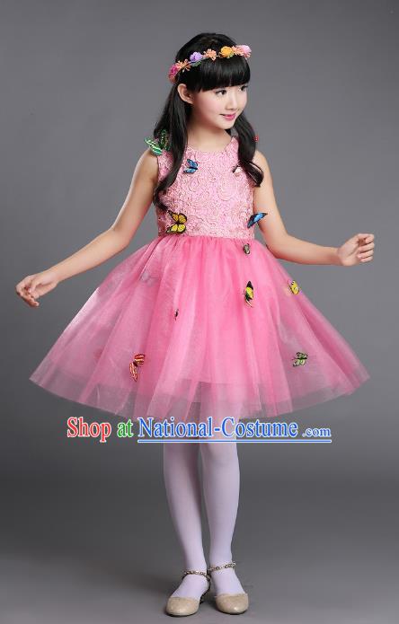 Top Grade Chinese Professional Performance Chorus Catwalks Costume, Children Pink Veil Bubble Butterfly Full Dress Modern Dance Dress for Girls Kids