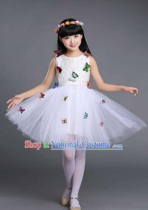 Top Grade Chinese Professional Performance Chorus Catwalks Costume, Children White Veil Bubble Butterfly Full Dress Modern Dance Dress for Girls Kids