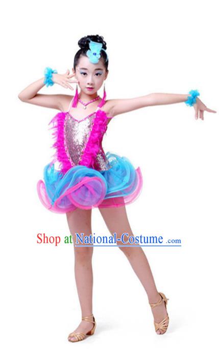 Top Grade Chinese Compere Professional Performance Catwalks Costume, Children Latin Dance Tassel Uniform Modern Dance Rosy Clothing for Girls Kids