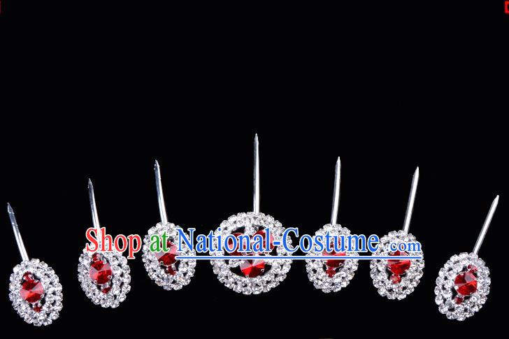 Top Grade Professional Beijing Opera Diva Red Crystal Hair Accessories Complete Set, Traditional Ancient Chinese Peking Opera Hua Tan Hairpins Headwear