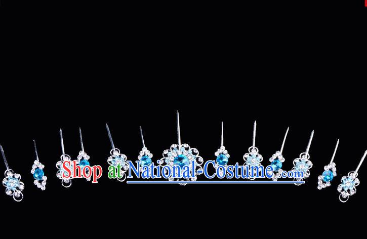 Top Grade Professional Beijing Opera Diva Blue Crystal Hair Accessories Complete Set, Traditional Ancient Chinese Peking Opera Hua Tan Hairpins Headwear