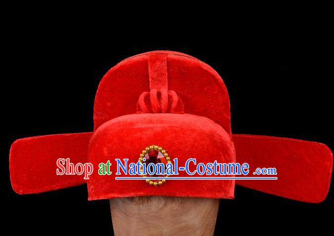 Top Grade Professional Beijing Opera Niche Costume Official Red Hat Headwear, Traditional Ancient Chinese Peking Opera Young Men Headpiece Black Gauze Cap