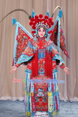 Traditional China Beijing Opera Female General Costume and Headwear Complete Set, Ancient Chinese Peking Opera Swordplay Military Officer Embroidery Red Clothing