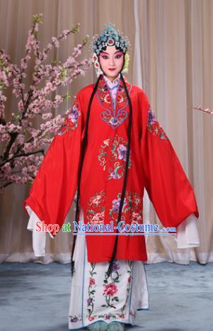 Top Grade Professional Beijing Opera Palace Lady Costume Hua Tan Red Embroidered Cape, Traditional Ancient Chinese Peking Opera Diva Embroidery Clothing