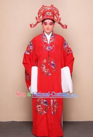 Top Grade Professional Beijing Opera Niche Costume Lang Scholar Red Embroidered Robe and Headwear, Traditional Ancient Chinese Peking Opera Groom Embroidery Clothing