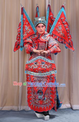 Traditional China Beijing Opera Takefu General Red Costume and Headwear Complete Set, Ancient Chinese Peking Opera Wu-Sheng Military Officer Clothing