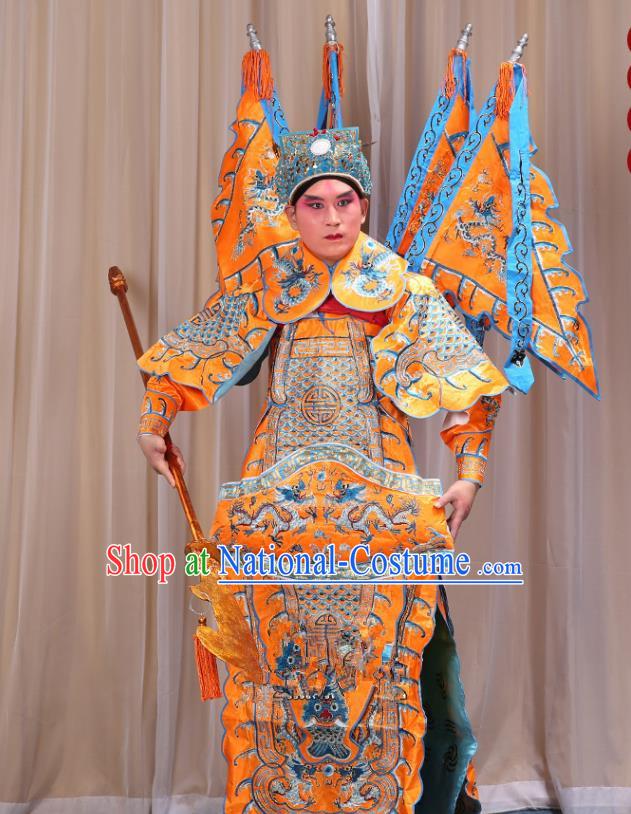 Traditional China Beijing Opera Takefu General Yellow Costume and Headwear Complete Set, Ancient Chinese Peking Opera Wu-Sheng Military Officer Clothing