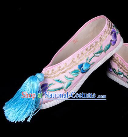 Top Grade Professional Beijing Opera Hua Tan Embroidered Pink Cloth Shoes, Traditional Ancient Chinese Peking Opera Diva Princess Blood Stained Shoes