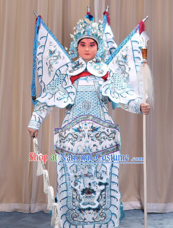 Traditional China Beijing Opera Takefu General White Costume and Headwear Complete Set, Ancient Chinese Peking Opera Wu-Sheng Military Officer Clothing