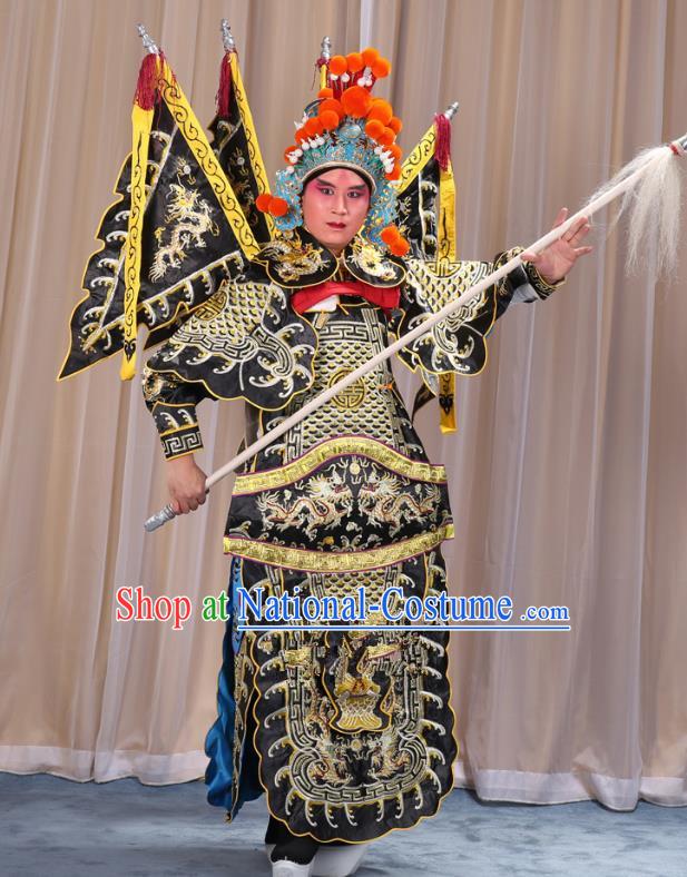 Traditional China Beijing Opera Takefu General Black Costume and Headwear Complete Set, Ancient Chinese Peking Opera Wu-Sheng Military Officer Clothing