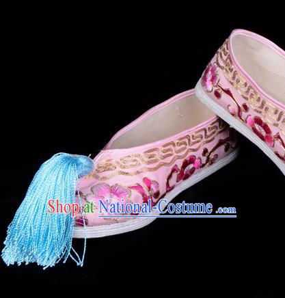 Top Grade Professional Beijing Opera Hua Tan Embroidered Plum Blossom Pink Cloth Shoes, Traditional Ancient Chinese Peking Opera Diva Princess Blood Stained Shoes