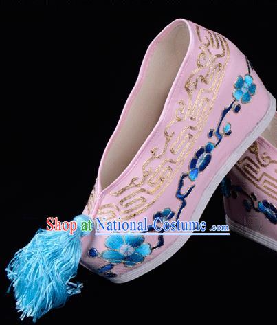 Top Grade Professional Beijing Opera Hua Tan Embroidered Plum BlossomHidden Elevator Pink Satin Shoes, Traditional Ancient Chinese Peking Opera Diva Princess Blood Stained Shoes