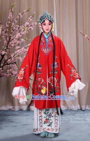 Top Grade Professional Beijing Opera Imperial Consort Costume Hua Tan Red Embroidered Cape, Traditional Ancient Chinese Peking Opera Diva Embroidery Peony Clothing