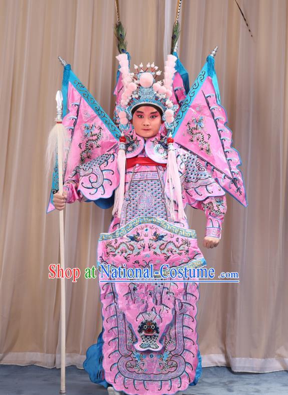 Traditional China Beijing Opera Takefu General Pink Costume and Headwear Complete Set, Ancient Chinese Peking Opera Wu-Sheng Military Officer Clothing