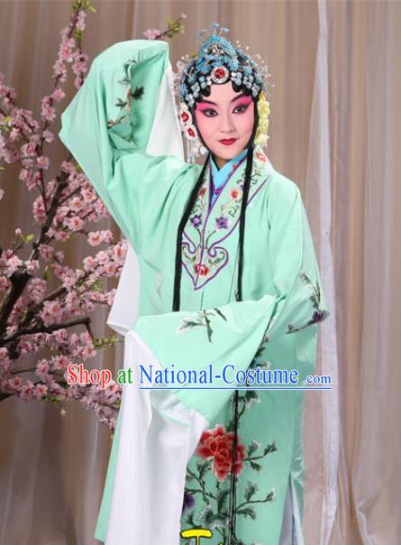 Top Grade Professional Beijing Opera Imperial Consort Costume Hua Tan Green Embroidered Cape, Traditional Ancient Chinese Peking Opera Diva Embroidery Peony Clothing