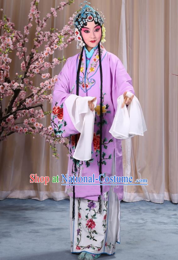 Top Grade Professional Beijing Opera Imperial Consort Costume Hua Tan Purple Embroidered Cape, Traditional Ancient Chinese Peking Opera Diva Embroidery Peony Clothing