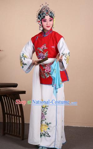 Top Grade Professional Beijing Opera Maidservants Costume Hua Tan Red Embroidered Waistcoat, Traditional Ancient Chinese Peking Opera Diva Embroidery Dress Clothing