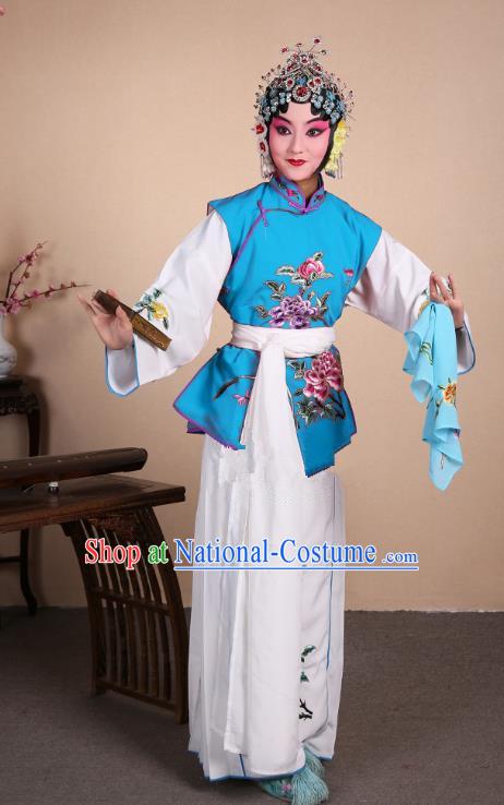 Top Grade Professional Beijing Opera Maidservants Costume Hua Tan Blue Embroidered Waistcoat, Traditional Ancient Chinese Peking Opera Diva Embroidery Dress Clothing