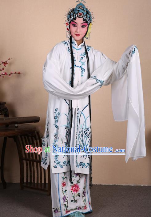 Top Grade Professional Beijing Opera Costume Hua Tan White Embroidered Orchid Cape, Traditional Ancient Chinese Peking Opera Diva Embroidery Dress Clothing