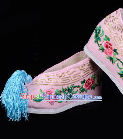 Top Grade Professional Beijing Opera Hua Tan Embroidered Peony Hidden Elevator Pink Satin Shoes, Traditional Ancient Chinese Peking Opera Diva Princess Blood Stained Shoes