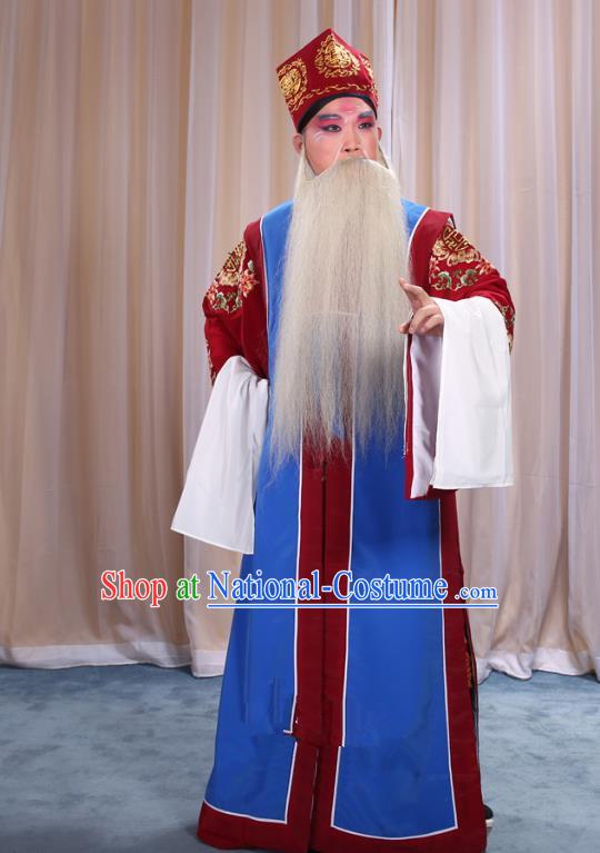 Top Grade Professional Beijing Opera Old Men Costume Long Blue Waistcoat, Traditional Ancient Chinese Peking Opera Laosheng-role Ministry Councillor Clothing