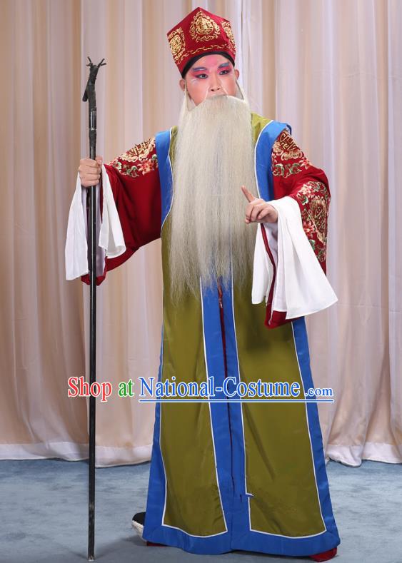 Top Grade Professional Beijing Opera Old Men Costume Long Green Waistcoat, Traditional Ancient Chinese Peking Opera Laosheng-role Ministry Councillor Clothing