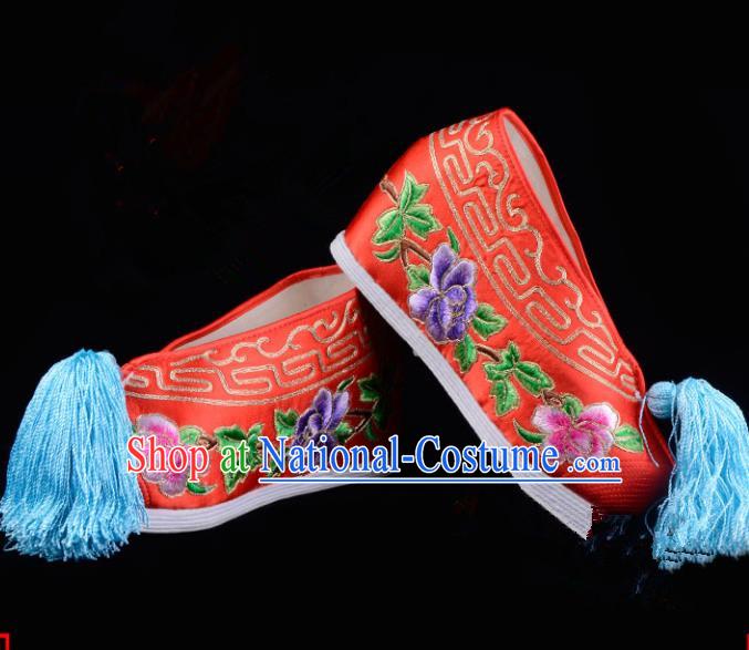 Top Grade Professional Beijing Opera Hua Tan Embroidered Peony Hidden Elevator Red Satin Shoes, Traditional Ancient Chinese Peking Opera Diva Princess Blood Stained Shoes