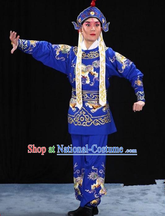 Traditional China Beijing Opera Takefu Costume and Boots, Ancient Chinese Peking Opera Wu-Sheng Warrior Embroidery Blue Clothing