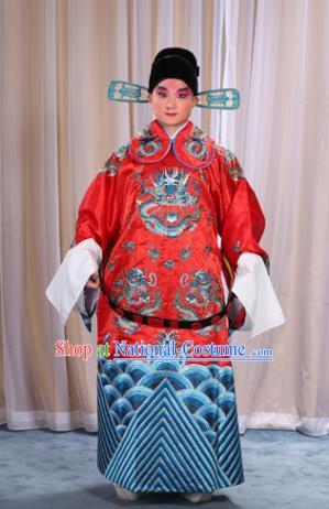 Top Grade Professional Beijing Opera Emperor Costume Red Embroidered Robe and Shoes, Traditional Ancient Chinese Peking Opera Royal Highness Gwanbok Clothing