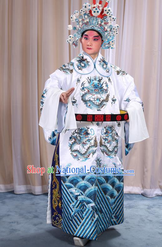 Top Grade Professional Beijing Opera Emperor Costume White Embroidered Robe and Shoes, Traditional Ancient Chinese Peking Opera Royal Highness Gwanbok Clothing