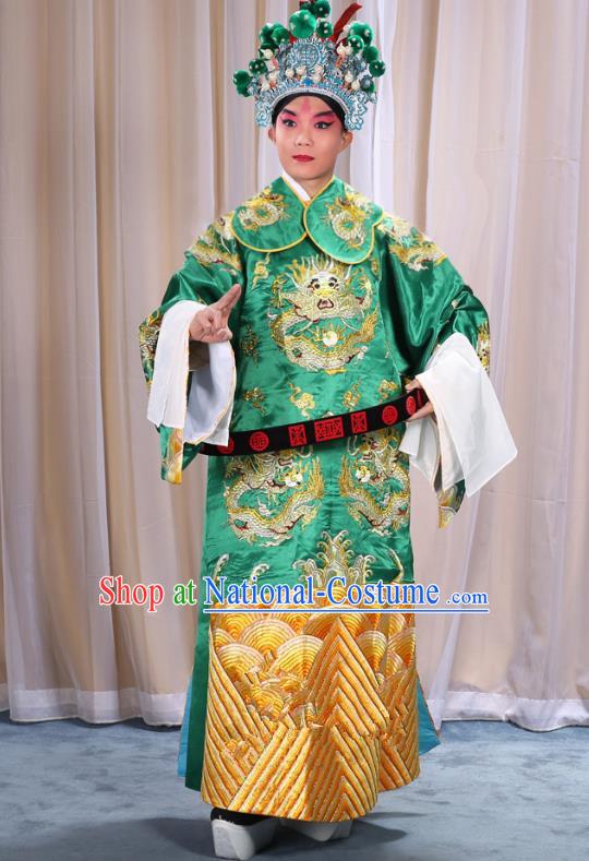 Top Grade Professional Beijing Opera Emperor Costume Green Embroidered Robe and Shoes, Traditional Ancient Chinese Peking Opera Royal Highness Gwanbok Clothing