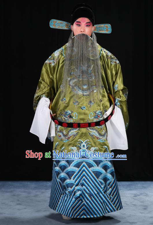 Top Grade Professional Beijing Opera Emperor Costume Green Embroidered Robe and Shoes, Traditional Ancient Chinese Peking Opera Royal Highness Gwanbok Clothing