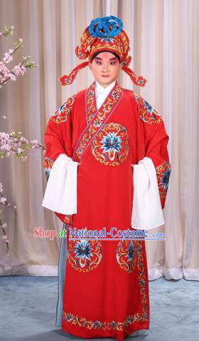 China Beijing Opera Niche Costume General Red Embroidered Robe and Headwear, Traditional Ancient Chinese Peking Opera Embroidery Military Officer Gwanbok Clothing