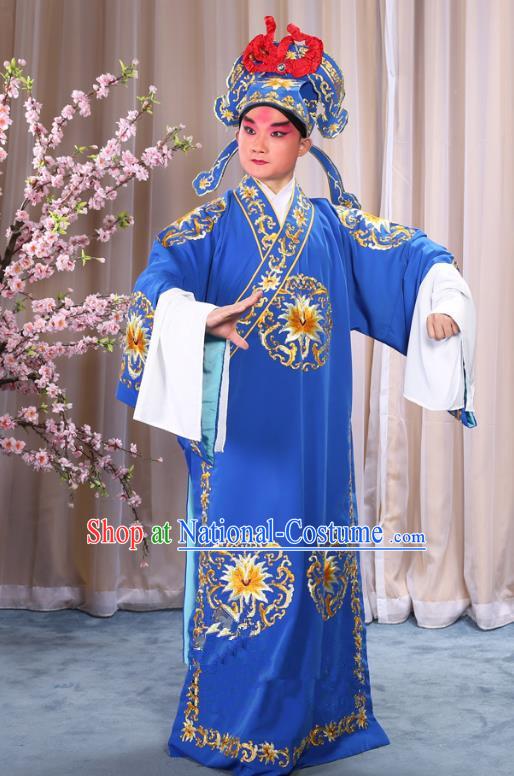 China Beijing Opera Niche Costume General Blue Embroidered Robe and Headwear, Traditional Ancient Chinese Peking Opera Embroidery Military Officer Gwanbok Clothing