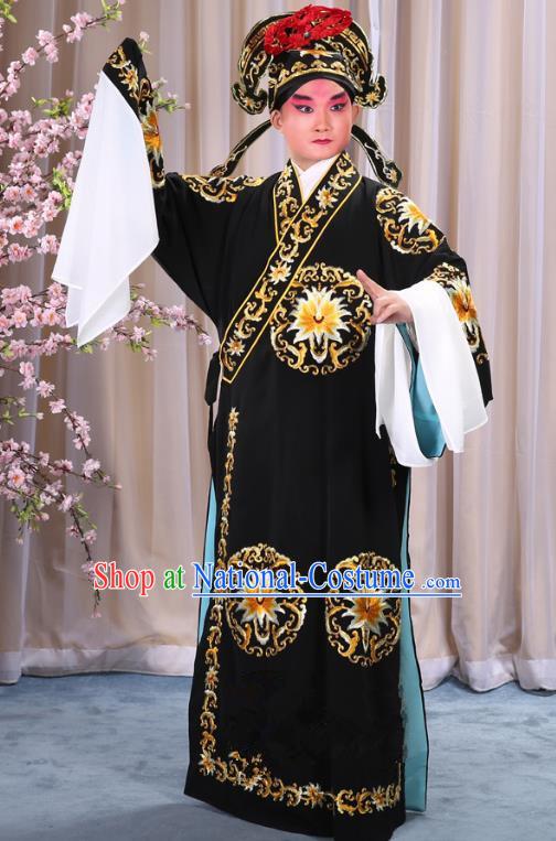 China Beijing Opera Niche Costume General Black Embroidered Robe and Headwear, Traditional Ancient Chinese Peking Opera Embroidery Military Officer Gwanbok Clothing