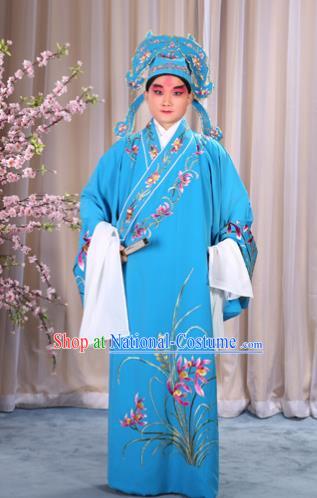 China Beijing Opera Niche Costume Young Men Blue Embroidered Robe and Shoes, Traditional Ancient Chinese Peking Opera Scholar Embroidery Orchid Gwanbok Clothing