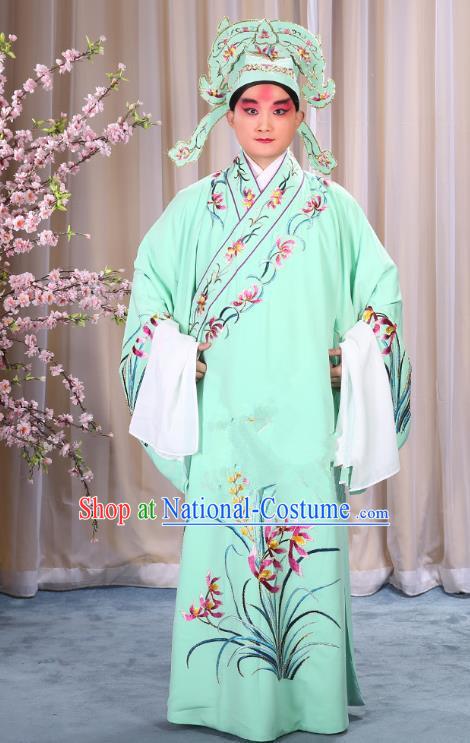 China Beijing Opera Niche Costume Young Men Green Embroidered Robe and Shoes, Traditional Ancient Chinese Peking Opera Scholar Embroidery Orchid Gwanbok Clothing