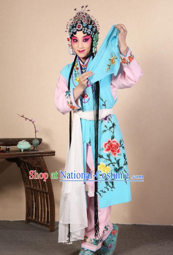 Top Grade Professional Beijing Opera Diva Costume Young Lady Blue Embroidered Waistcoat, Traditional Ancient Chinese Peking Opera Princess Embroidery Dress Clothing